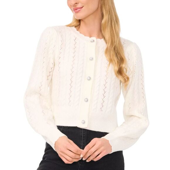 CeCe Women's Top Sweater Sz L Beaded-Button Pointelle Cardigan - Picture 1 of 3